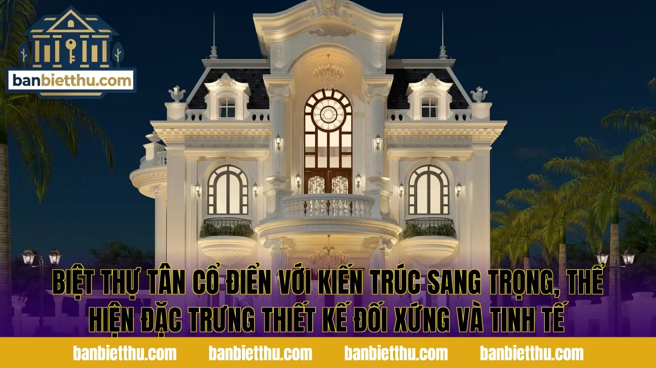 Biệt thự tân cổ điển với kiến trúc sang trọng, thể hiện đặc trưng thiết kế đối xứng và tinh tế